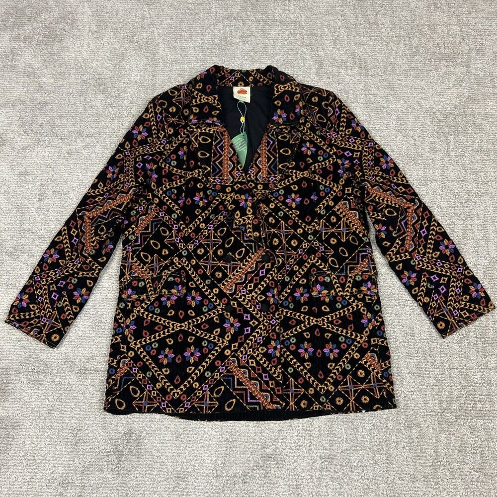 Farm Rio Jacket Womens XL Black Corduroy Embroidered Blazer Boho Floral Long New